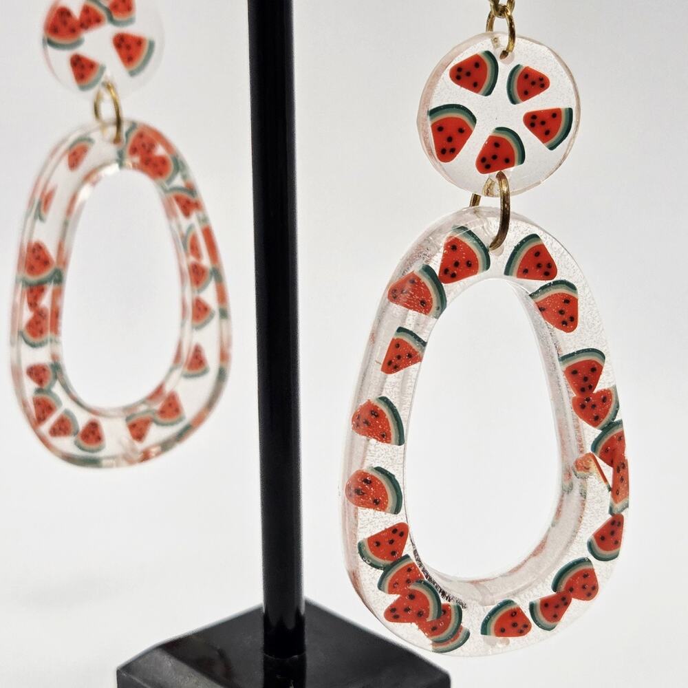 Watermelon Earrings Resin Dangling Drop Ovals 3 1/4" L